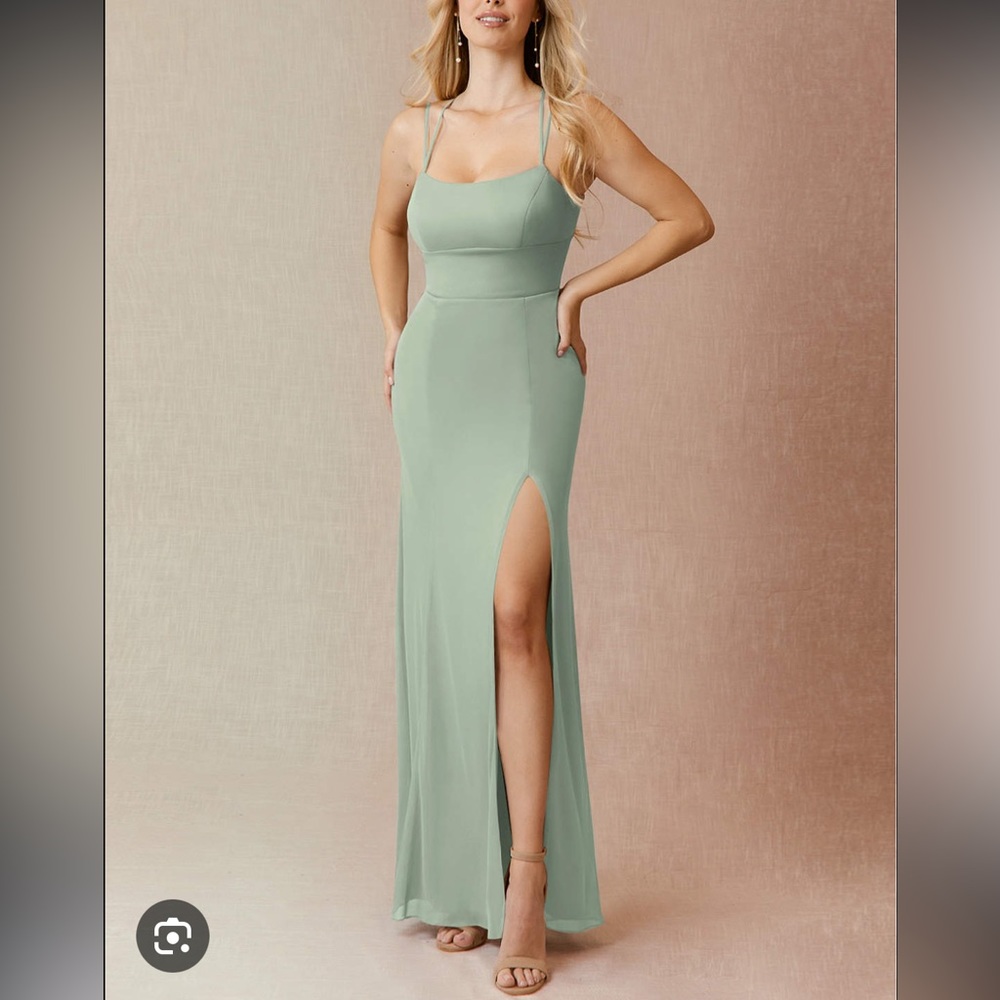 Azazie Dusty sage mesh bridesmaid dress. Style “Krista”